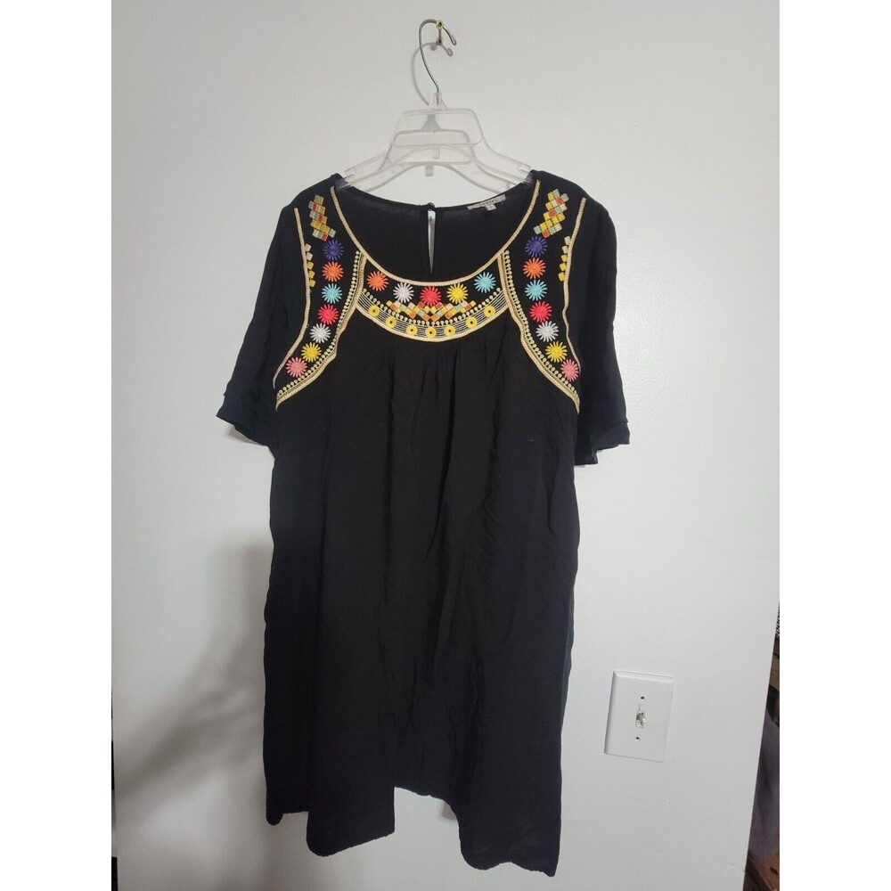 Jodifl Women Black Embroidered Flowy Peasant Shift Boho Dress Tunic Dress Sz Sm